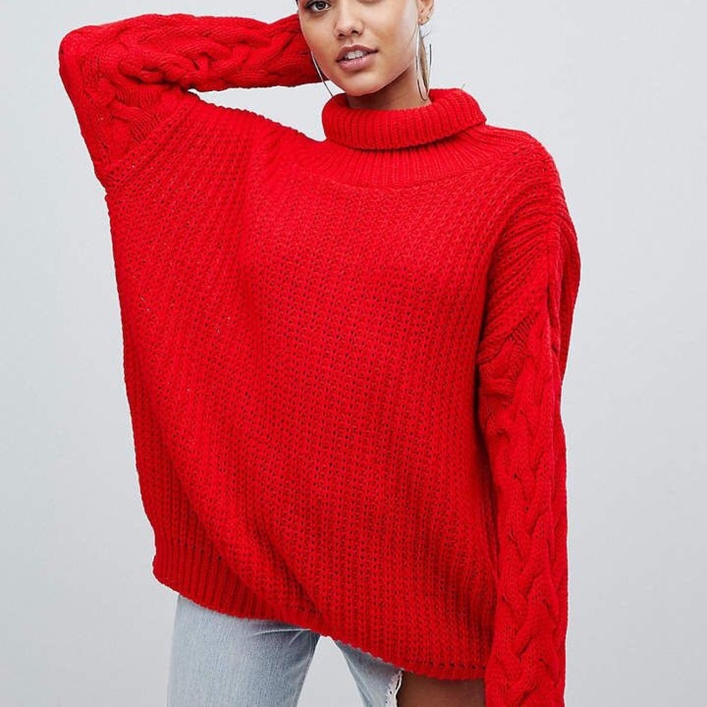 PrettyLittleThing Cable Sleeve Red Sweater